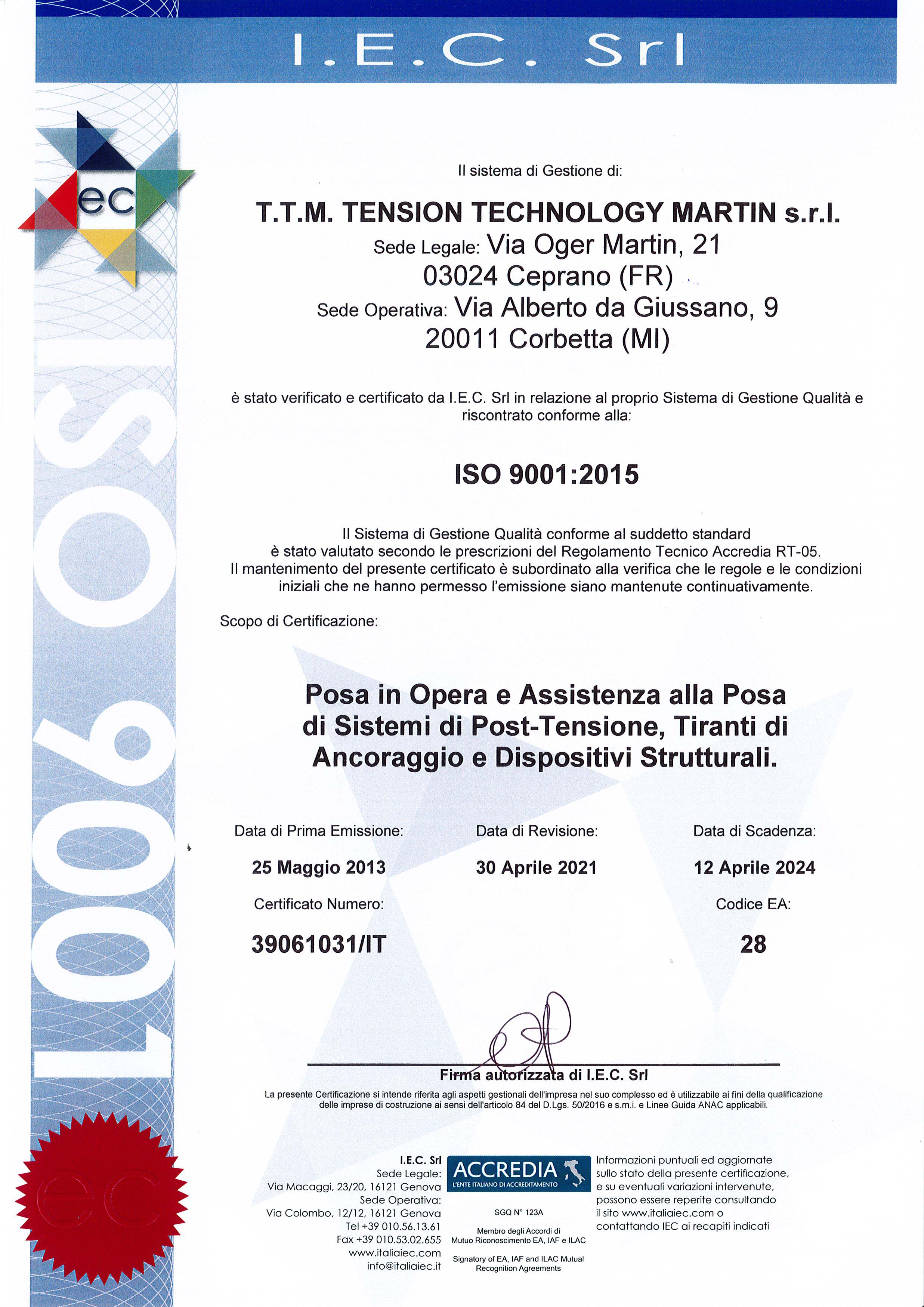 ISO 9001 POSA IN OPERA