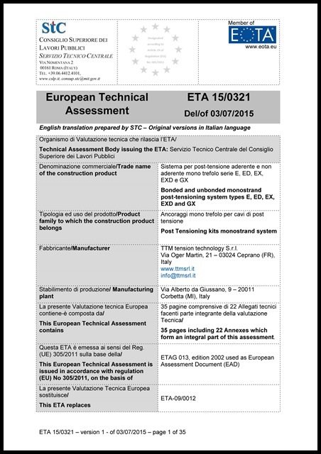 Certificazione ETA MONO 15-0321